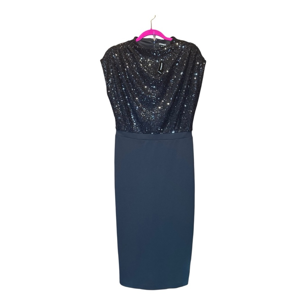 EXPRESS Black Sequin Draped Mock Neck Midi Sheath Dress M NWT
